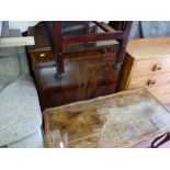 Reproduction nest of Long John coffee table and two side tables, a two tier mahogany trolley and