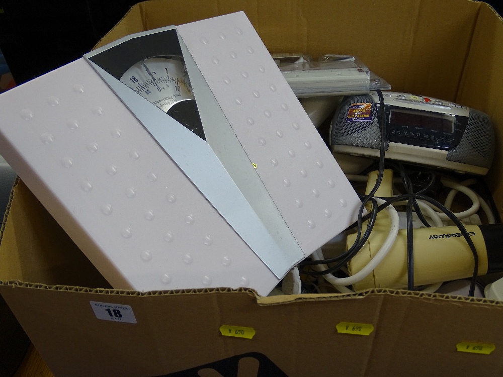 Box of household items including scales, telephones, extension lead etc