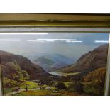 S R PERCY gilt framed print - expansive mountain valley scene with shepherds and their flock to