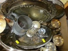 Box of electroplate galleried trays, pewter ware etc