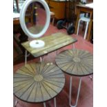 Pair of metal framed tables with wood segmented tops and a square table etc