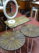 Pair of metal framed tables with wood segmented tops and a square table etc