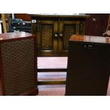 Small two door hutch cupboard, French style mirror and two polished speakers by Dynatron Radio