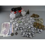 Mixed collection of Police uniform badges and buttons, selection of vintage coins and two Peppiatt