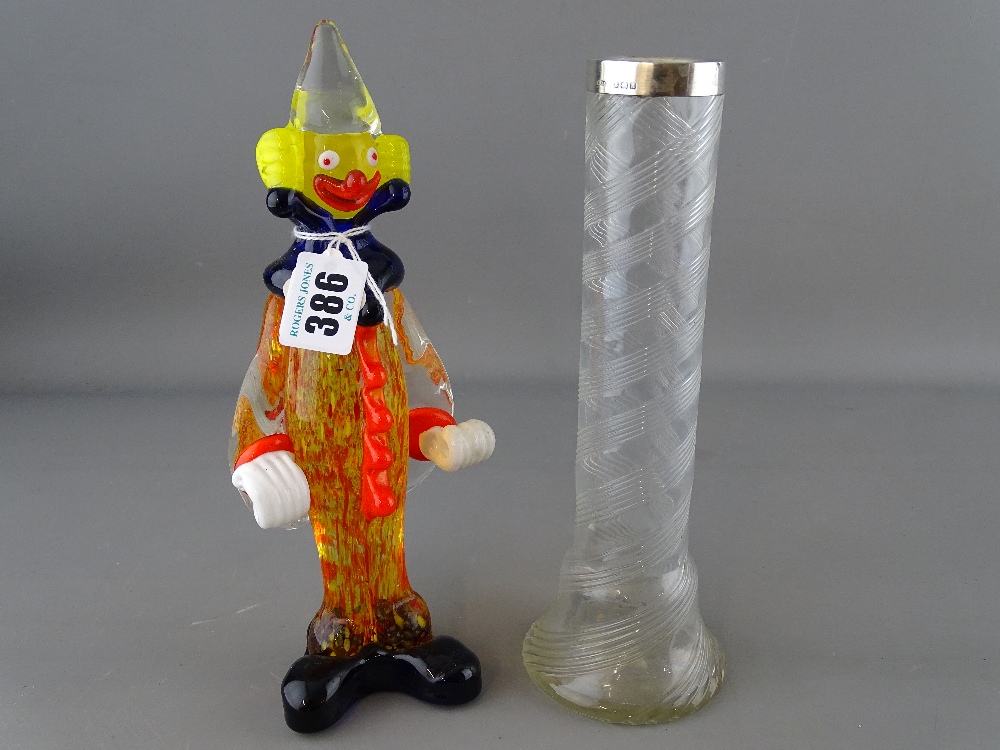 Murano glass clown figure and a spiral stem vase with hallmarked silver rim