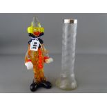 Murano glass clown figure and a spiral stem vase with hallmarked silver rim