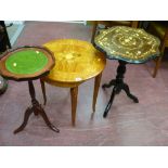 Circular inlaid music box and an inlaid tripod wine table and one other