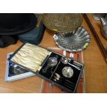 Cased electroplate tea serving set and an interesting pedestal plate with yellow metal top