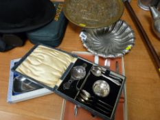 Cased electroplate tea serving set and an interesting pedestal plate with yellow metal top