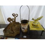 Antique cast iron boot scrape, brass and iron trivet, leaping fish brass ashtray etc
