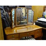 Crossbanded satin wood Maple & Co bedroom suite of two door wardrobe, triple mirrored dressing table