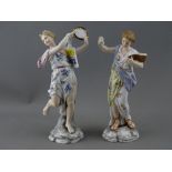 Two Continental porcelain figurines, one of a maiden with a tambourine, the other holding a book