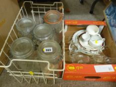 Two boxes of porcelain and glass provision containers etc