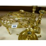 Parcel of brassware including tongs, candleholder etc