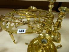 Parcel of brassware including tongs, candleholder etc