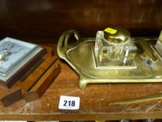 Good looking brass two bottles desk stand with paper cutter and a small wall barometer