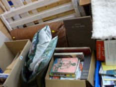 Crate and two boxes of vintage and other books, a quantity of Christmas decorations, a woollen rug