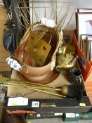 Copper helmet coal scuttle, brass fire irons, retro metal magazine rack and similar items