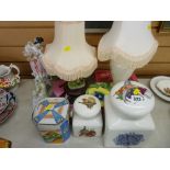 Ceramic provision containers, Oriental biscuit barrel, table lamps, a Fred Astaire hardback and an