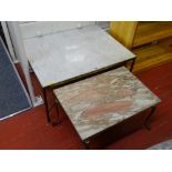 Mid Century lacquered brass and marble topped coffee table and a pink marble topped later example