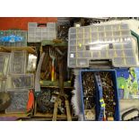 Quantity of plastic cases containing various fixings, screws, nuts, bolts, rawplugs, 15m Magic hose,