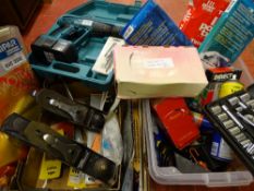 Plastic tub with various car parts etc along with a wooden box containing a small socket, wire
