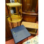 String topped footstool and one other, an oak two tier side table and a foldover retro trolley