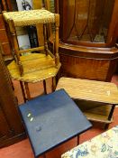 String topped footstool and one other, an oak two tier side table and a foldover retro trolley
