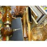 Amber glass oil lamp, prints, Poole plate