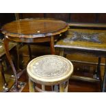 Two tier piecrust top occasional table, a square topped occasional table and bentwood stool