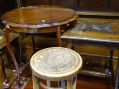Two tier piecrust top occasional table, a square topped occasional table and bentwood stool
