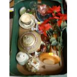Box of ornamental items including cabinet cups, decorative glassware etc