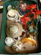 Box of ornamental items including cabinet cups, decorative glassware etc