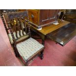 Oak barley twist drawer leaf dining table and five vintage oak highback dining chairs, bobbin turned