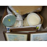 Mixed parcel of items including maritime prints, Staffs dinnerware, vintage clothing etc
