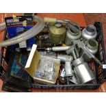 Plastic crate of various air-powered spraying equipment, guns, chisels etc