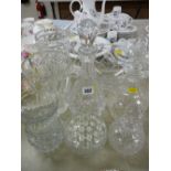 Two quality glass decanters with stoppers, two heavy glass vases and bowl etc