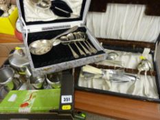 Quantity of cased electroplate cutlery sets, stainless steel service ware etc