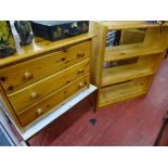 Modern pine open shelf unit and a three drawer bedroom chest