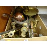 Box of brass and copperware including pairs of candlesticks, copper coal shovel, bellows etc