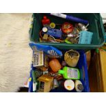 Plastic blue tub of various mechanic's items - Wonderwheels, wire wool etc and a grey tub containing