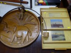 Carved elephant tray, set of trays decorated with Vernon Ward prints and a vintage wood and iron