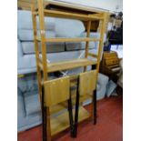 Modern pine open shelf unit and two tall folding stools