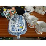 Blue and white tureen, Staffs horse and rider, flatback clock group and pair of vases