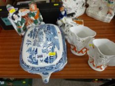 Blue and white tureen, Staffs horse and rider, flatback clock group and pair of vases