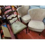 Pair of vintage button upholstered side chairs, a vintage ladderback farmhouse chair and a Victorian