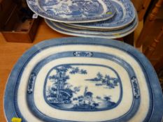 Quantity of blue and white dresser platters including a platter marked 'Indian'