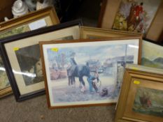 Parcel of paintings and prints including hunting scenes, watercolour of an old mill etc