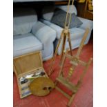 Vintage artist's box and contents and two adjustable wooden easels