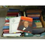 Two boxes of vintage books including commemorative, Churchill, Bibles etc